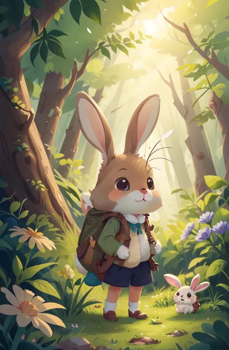 Draw an illustration of a curious rabbit. A cute little rabbit, Long, Soft ears, Curious bright eyes and gentle smile，Carrying a rucksack，at a forest, The look of admiration on the face of watching the flowers grow