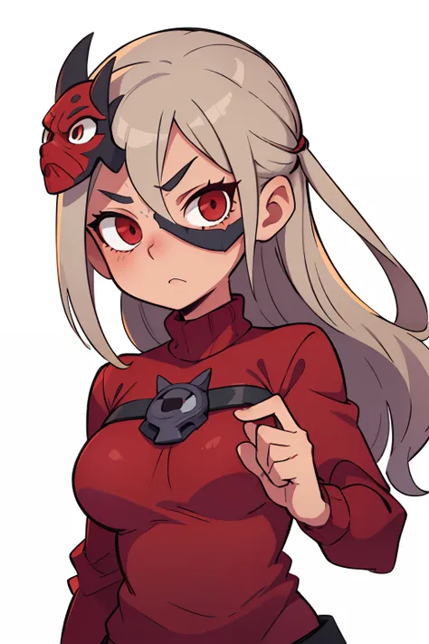 ((beste-Qualit, tmasterpiece)), 
a 1girl, mask, like Detective Void, Grey-blonde hair, square, red sweater, whitebackground.