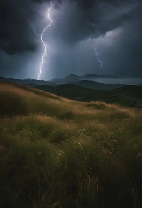 A big place，There are a lot of grasses and plants, Cloudy atmosphere, Accompanied by lightning strikes