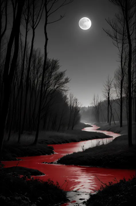 black and white, Grey and Red Image Blood Moon Old Scary Forest Blood River