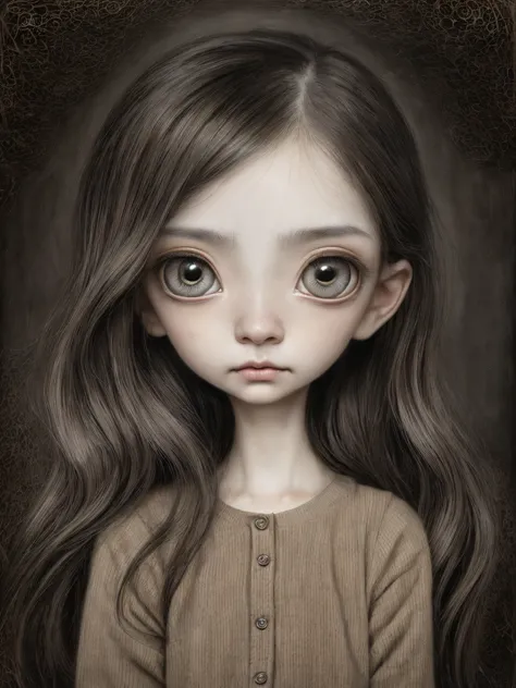 Un primer plano de una chica con el pelo largo y los ojos grandes, Anton Semenov, Mark Ryden muy detallado, Estilo Mark Ryden, Mark Ryden en el estilo de, Estilo de Mark Ryden, inspirado por Mark Ryden, Naoto Hattori, Adorable pintura digital, cara linda. ...