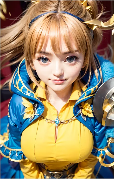 a close up of a woman with long hair wearing a yellow and blue outfit, portrait knights of zodiac girl, anime girl cosplay, anime cosplay, ornate cosplay, cosplay, full-cosplay, knights of zodiac girl, cosplay photo, ayaka cosplay, anime character, blue an...