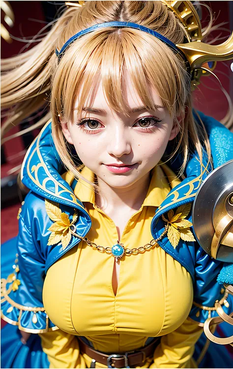 arafed image of a woman in a yellow and blue outfit, anime girl cosplay, anime cosplay, cosplay photo, portrait knights of zodiac girl, full-cosplay, cosplayer, captured on canon eos r 6, cosplay, closeup shot, ayaka cosplay, ornate cosplay, professional c...