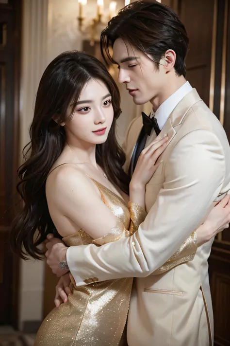 a realistic photo, eye wade open, couple in love. a handsome man wore suit, athletic muscular body, embrace and hug a beautiful woman wore gold flowing silk dress. romantic vibes and dynamic photography. look to each other .dark hair. clean and shiny face