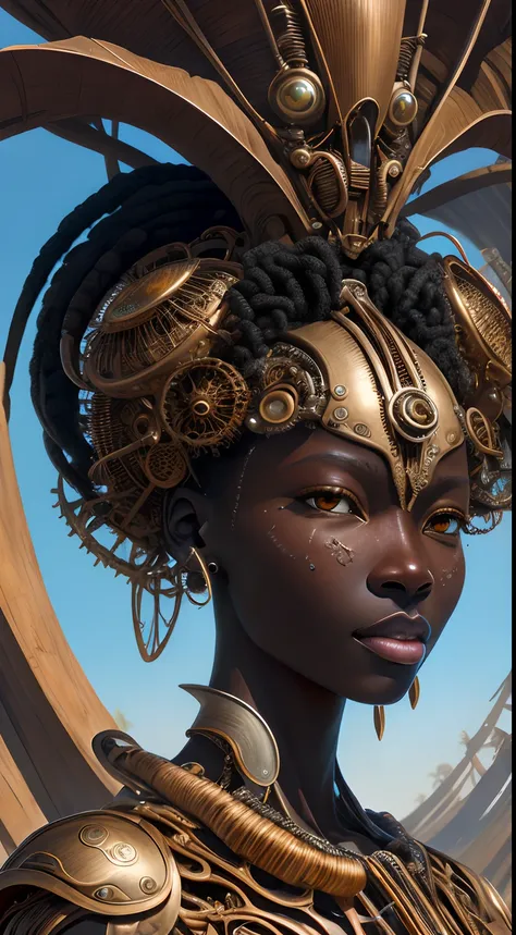 Artwork in the style of Vladimir Kush, WLOP and James Jean highly detailed and intricate portrayal of a mechanical or cybernetic face, likely inspired by steampunk and futuristic themes. The face, appears, African features, metallic and mechanical componen...