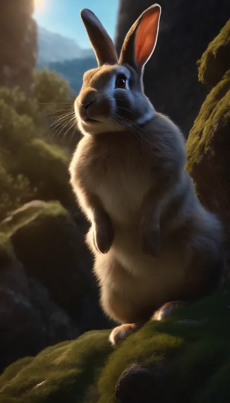 (best quality,4k,highres:1.2),ultra-detailed,realistic,adventurous rabbit,standing on top of a mountain,looking up at the sky,star-filled sky,expansive sky,dungeons and dragons,fantasy,halo,bursting, dramatic atmosphere,1970s dark fantasy film, detailed,8k