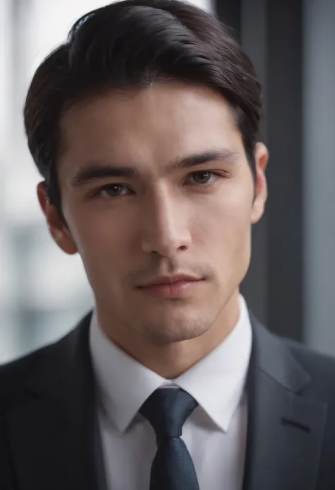 Attractive 27-year-old athlete with medium-long black hair and Hugo Boss business suit、a handsome