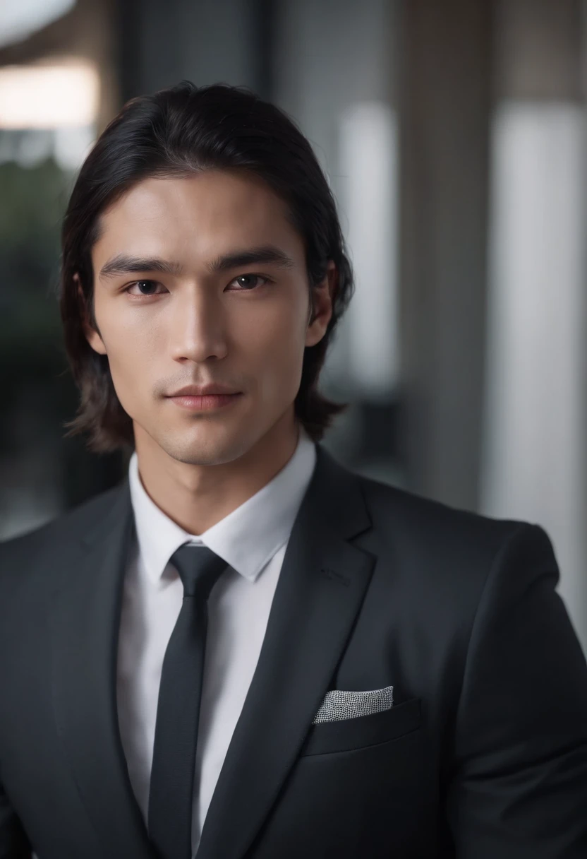 Attractive 27-year-old athlete with medium-long black hair and Hugo Boss business suit、a handsome