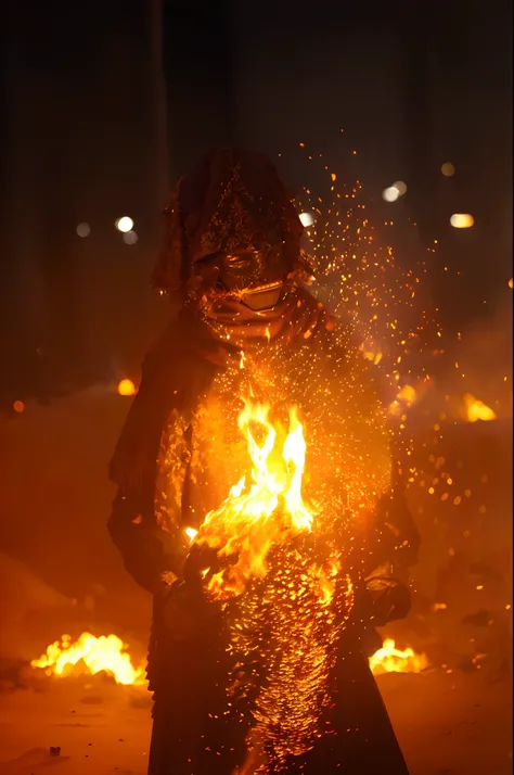 there is a man standing in front of a fire with a fire extinguisor, all face covered with a fire, embers to waist, body made of fire, witch burning, embers adrift in the air, wearing tumultus flames, dress made of fire, the sorceress casting a fireball, dr...