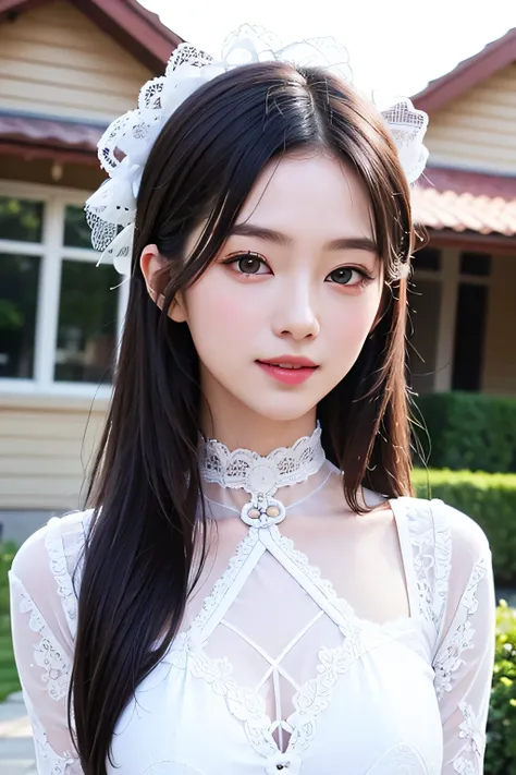 8K,extremely detailed eye、extra detailed face、best qualtiy、​masterpiece、ighly detailed、ultra-detailliert、(realisitic、Photorealsitic:1.3)、A smile、(facing front)、Look at viewers、White lace bodysuit、A clear day、outside of house、1 Girls upper body