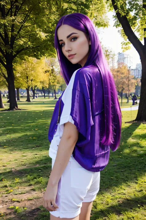 realistic jinx, alina ivanenko, (alina ivanenko), (alina), (ivanenko),(ivanova), alina, ivanova, ivanenko, (purple hair), straight hair, in park, (((different color clothes))), harsh light from sun,