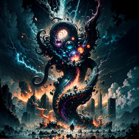 BREAK 
In the foreground, two towering Primordials emerge from a swirling vortex of chaotic energy. Their forms are ethereal and ever-shifting, defying any fixed shape or definition. They appear as colossal figures composed of swirling tendrils of darkness...