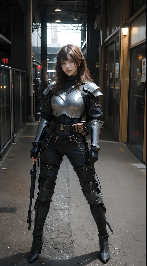 (Highest image quality, outstanding details, ultra-high resolution), 1 girl, (wearing futuristic military outfit), (glamour body:1.2, buffed and muscular body), (a bit chubby:0.5), (futuristic military outfit inspired by full plate armour of middle age of ...