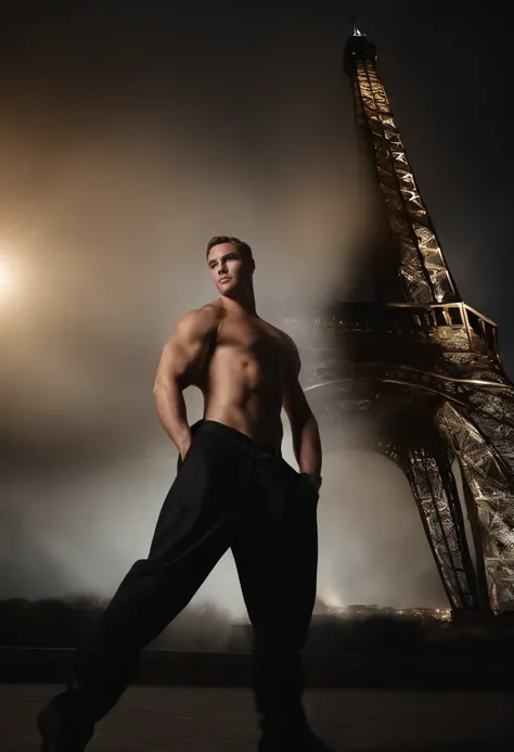 ((Top Quality, 8k, Masterpiece: 1.3)), Photoreality (1.4)), Raw Photo,beautifull,man,hollow cheeks,strong jaw,cheekbones,hunter eyes,blue eyes,extradetailed,(standing in paris in front of eiffel tower) (wear tight black T-shirt and baggy jeans) (without ex...