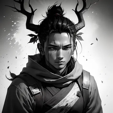 Nara Shikamaru eith the antlers of an Eastern dragon. Grayscale image.