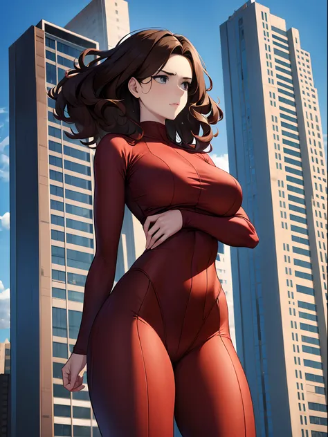 A woman 50 feet tall, 28 years old, Superhero, Medium hair, Curly hair, Brown hair, ((Tall than a building)),Red tights,A nervous expression,Fighting posture,(((low angles))),The whole body