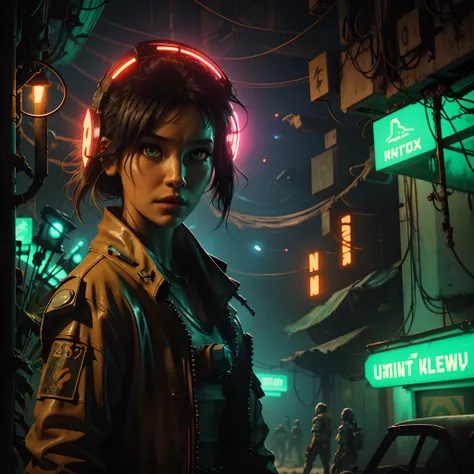 upper body portrait of 20-yo women in Post-apocalyptic cyberpunk setting with overgrown tropical floral wasteland nature in an abandonned neon city galactic jungle with a tropical mad max 80s retro arcade vibe to it. A detailed close-up of a scary Call of ...