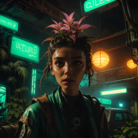 upper body portrait of 20-yo women in Post-apocalyptic cyberpunk setting with overgrown tropical floral wasteland nature in an abandonned neon city galactic jungle with a tropical mad max 80s retro arcade vibe to it. A detailed close-up of a scary Call of ...