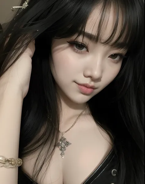 Un primer plano de una mujer con cabello largo y negro con un vestido negro, cruel korean goth girl, Ella tiene el pelo negro con flequillo, Hermosa mujer surcoreana, Chica coreana, ulzzang, Jinyoung Shin, con cabello largo y ojos penetrantes, Heonhwa Choe...