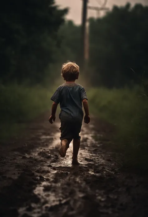 During thunderstorms，A frightened little boy runs down a muddy road，The barefoot，Electrocution under a high-voltage power pole