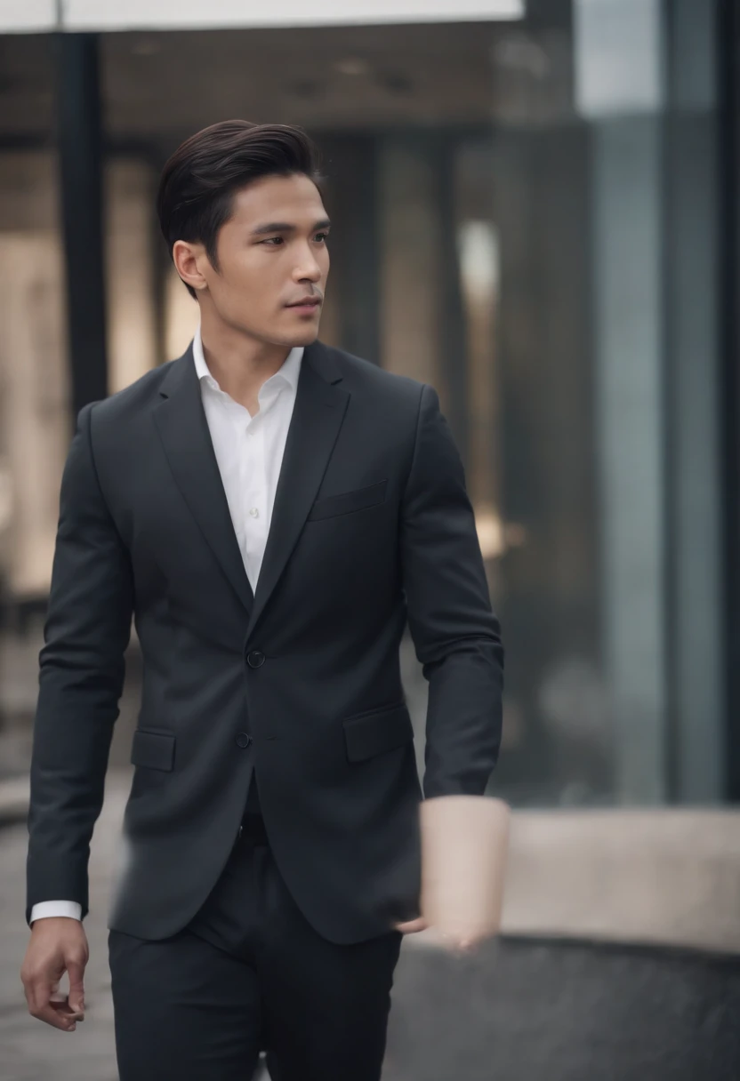 Attractive 27-year-old athlete with medium-long black hair and Hugo Boss business suit、a handsome