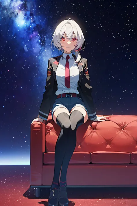 anime girl,fantastic face, full height sitting on a red couch with a drink energy bank in her hand,white hair, red eye,white shirt,black jacket, denim short shorts, black bootsfloating in a cosmic nebula,nasty smile