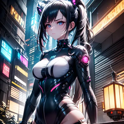 (a young girl:1.1, exciting, mysterious, intriguing, energetic) standing in a (cyberpunk) like (cyber city:1.1), the (young girl) is wearing a (sexy latex outfit), she has a (short bob hair style). The (cyber city) is filled with (fluorescent lights, neon ...