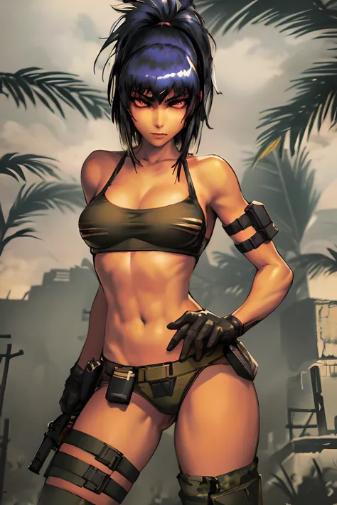 bra and panty, serious, dominant, seductive, sexy, militar girl, desert. Cammo, Tactical. Armor, Sun, hot, guerrilla, tropical. Ammo belt, protection.