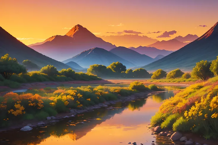 (bright colors,vibrant colors,colorful:1.2),(acrylic painting,artwork),The Succulent Karoo,(sunset,evening,setting sun),(river,flowing river),(peaceful,serene),(tranquil,nature),(scenic beauty),(water reflection,reflecting light),trees along the riverbanks...