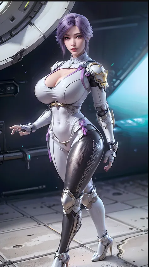 (NSWF:1.5), (1GIRL,SOLO:2), (super detailed face), ((BIG BUTT, HUGE FAKE BREASTS:1.5)), (CLEAVAGE TOP:1.5), (MUSCLE ABS FEMALE:1.4), (MECHA GUARD ARM:1.4), ((WEAR MAGENTA WHITE OVERWATCH MECHANICAL ARMORED, BLACK MECHANICAL SKINTIGHT SUIT PANTS, MECHA GUAR...