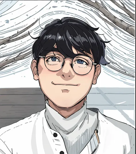 (anime style:1.2),man,wearing glasses,black hair,youthful appearance,intense gaze,stylish outfit,subtle smile,vibrant colors,sunlight filtering through trees,soft lighting,meticulous details,expressive eyes,detailed shading,anime-style hair,cool and confid...