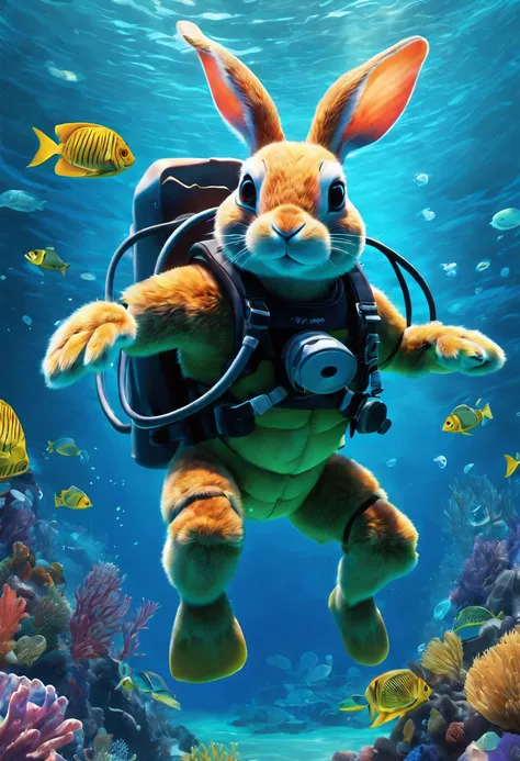 adventure rabbit diving into the deep sea, entering a mysterious underwater world, clear water, colorful corals and seaweed swaying with the waves, like a magnificent scroll. The adventurous rabbit swims through a school of fish, their scales shimmering wi...