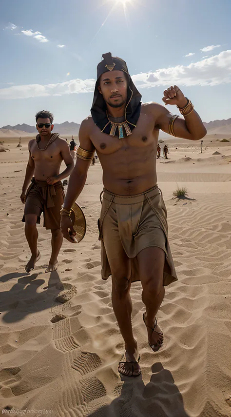 In the scorching desert heat, a group of men march behind their Pharaoh, their feet kicking up clouds of sand with each step. The sun beats down on their backs, but their unwavering loyalty to their leader keeps them moving forward.