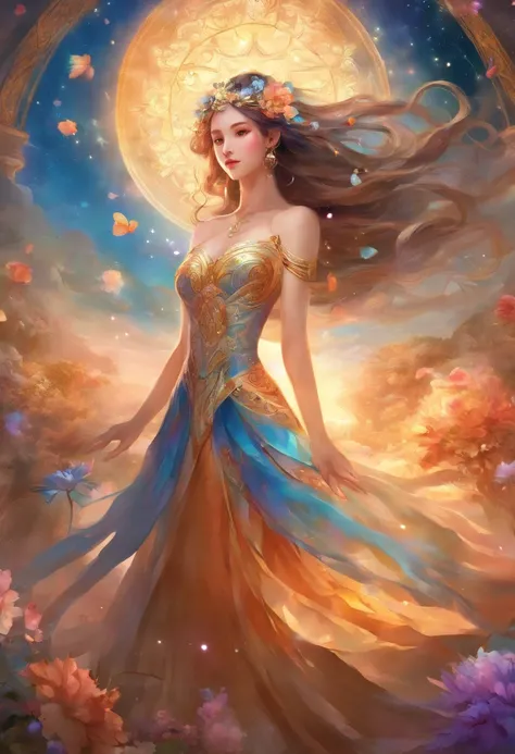 a goddess who wears a one thousand pieces skirt dancing and twisting in the middle of a royal hall. floating skirt, flower style twisting, surreal and mystical scenes, girl feeling light and floating, Magnificence and beauty and tenderness, shimmy, beauty ...