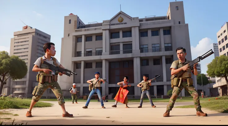 4 people holding guns, one person holding an AK 47, one person holding a hammer, one person holding plastic waste, one person holding a knife, 8K, A masterpiece, the most detailed, the highest quality, the perfect look, background of the Indonesian governm...