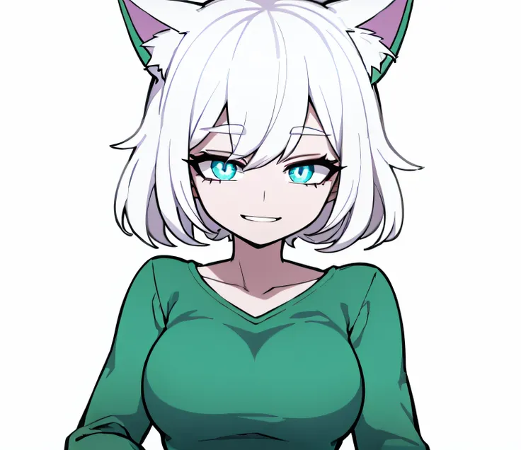 cartoon drawing of a woman with white hair and a green sweater, [[[[sonriendo malvado]]]], hembra fursona, chica de anime con ca...