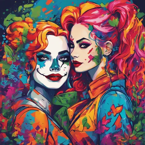 painting of harley quinn and Poison Ivy. With bright colors, a pop art painting by Kubisi art, behance contest winner, figurative art, fauvism, pop art, Oil painting bright colours using a pallet knife