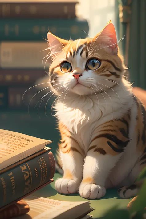 A cute round-eyed cat, Read a book in the library, Sunlight outside the window.