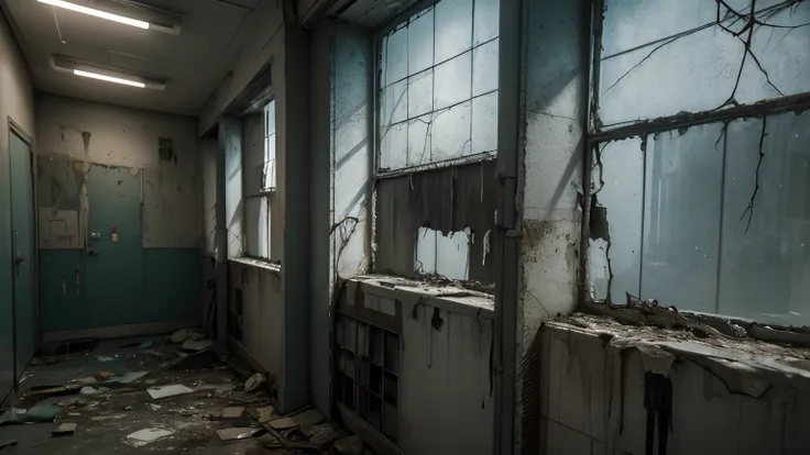 High Quality, Best Picture Quality, Best Quality, High Quality, 8K, 16K, 32K, (Inside an Abandoned Hospital), Night, Dimm, Fear, Doctors Office, Medical Record, Old modern hospital, blood splattered on the walls, standing water, broken lights, broken windo...