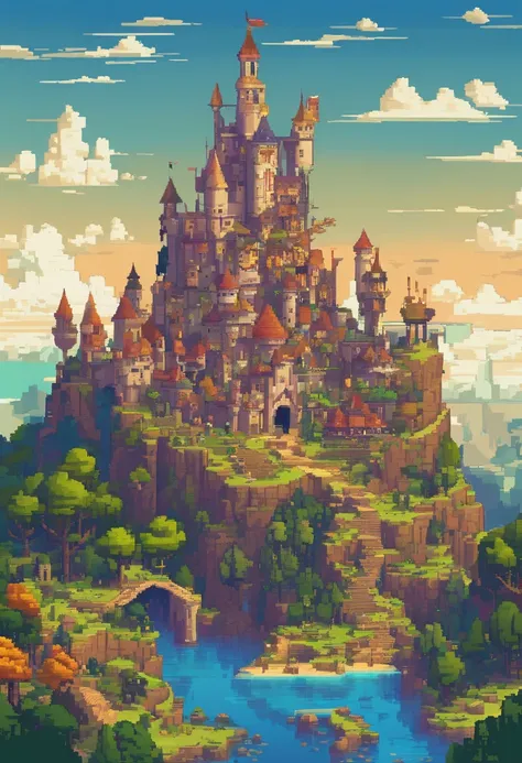 Fantasy world, wonderful, Full of fantasy and fiction, coloring, Low brightness, Medium brightness (Artistically), The landscape presents a civilization that blends the Middle Ages and Futurism, Beautiful