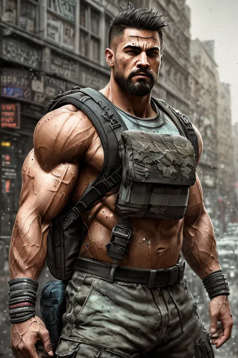 strong muscular man, street angry, backpack, epic realistic, photo, faded, complex stuff around, intricate background, soaking wet, neutral colors, ((((hdr)))), ((((muted colors)))), intricate scene, artstation, intricate details, vignette