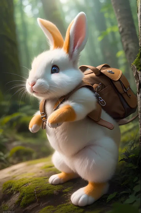 (High quality,Ultra-detailed),(Realistic,Photorealistic:1.37)A cute fluffy little white rabbit,Carrying a small brown leather backpack,Keep an eye on the map，Hike through the forest,sportrait,Vivid colors,Warm color tones,Soft lighting.