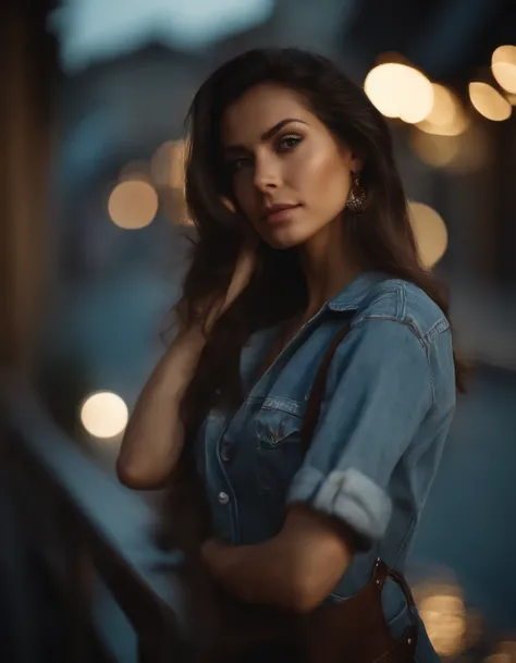 a photo of pho3b3cat3s, beautiful woman, ((24 years old)), street, tshirt, denim overalls, 1980s, retro, long wavy dark hair ponytail, (masterpiece), (extremely detailed CG unity 8k wallpaper), Intricate, ((photorealistic)),