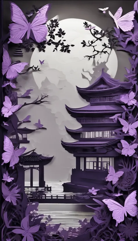 Madame Butterfly、detailed environment, (Best Quality, Ultra-detailed, Realistic:1.37), Black and purple tones、 Soft lighting, Oil painting style