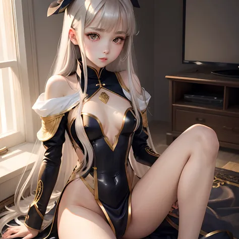 silber hair、hime-cut、Golden Eyes、teens girl、flat chest、Thin pubic hair、Beautiful open legs、military outfits