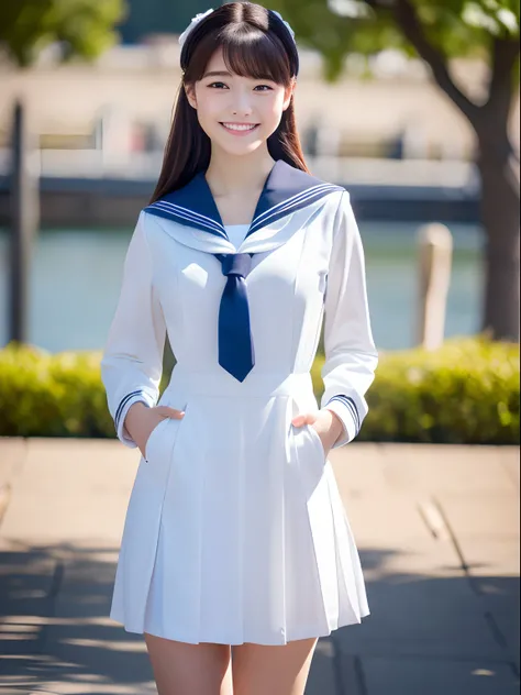 master piece,8k,(master piece,photorealistic:1.5),(master piece,ultra high resolution:1.5),(master piece,best quality,ultra detailed:1.5),
beautiful girl,full body,light smile,sailor uniform,school,