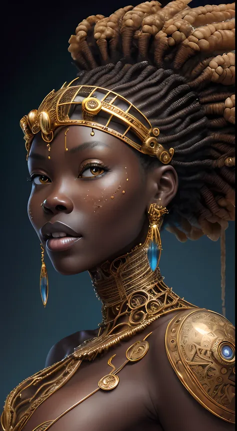 Artwork in the style of Vladimir Kush, WLOP and James Jean highly detailed and intricate portrayal of a mechanical or cybernetic face, likely inspired by steampunk and futuristic themes. The face, appears, African features, metallic and mechanical componen...