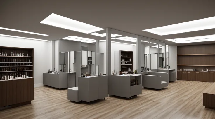 A interior of womens Beauty and hair salon, minimal design. without any direct sunlight or daylight effect no sun, no daylight. From the point of view 1/3 top of picture, high ceiling