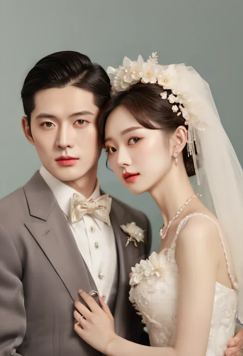 The bride and groom pose in the studio for wedding photos,He looks like the Chinese male star Hugh，This woman looks like Chinese actress Angelababy， Inspired by Howard Chandler Christies color photographs, Flickr, art-deco, old color photo, vintage color p...