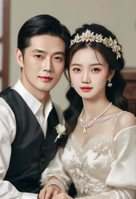 The bride and groom pose in the studio for wedding photos,He looks like the Chinese male star Hugh，This woman looks like Chinese actress Angelababy， Inspired by Howard Chandler Christies color photographs, Flickr, art-deco, old color photo, vintage color p...